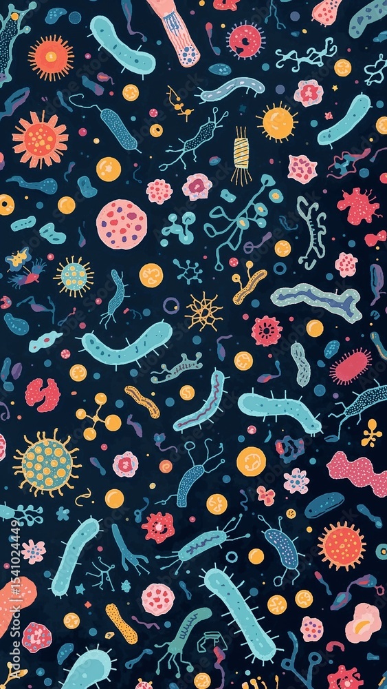 Poster an abstract illustration of various microscopic organisms on a dark blue background design pattern