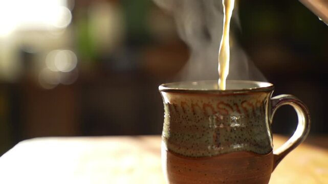 4K slow-motion video of coffee being poured into a ceramic cup, steam rising, wooden table, soft window light, cozy bokeh in background