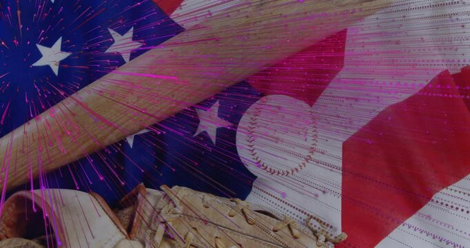 Magenta sparks starting from flag stars and pulsing across bat, glove and ball for vibrant effect