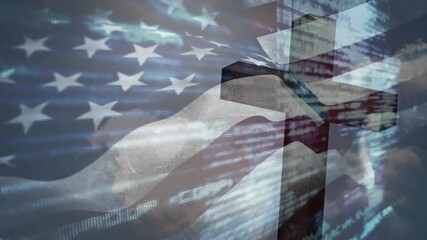 On start flag rippling and dimming as digital streaks streaming framing wooden cross silhouette