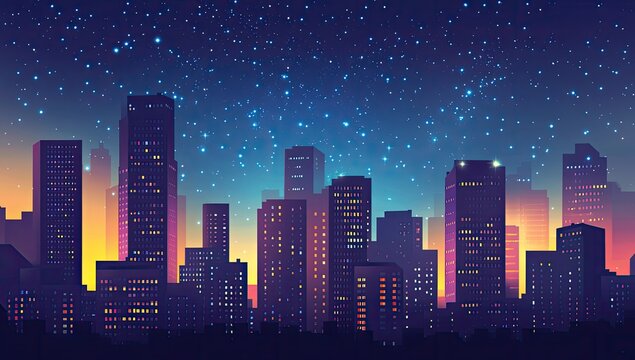 City skyline at night, vibrant colors, starry sky