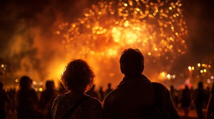 Silhouette Couple Watching Fireworks Display at Night