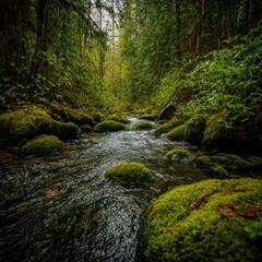 Obraz premium a serene forest stream with vibrant green moss growing along the rocks and plants peeking through the water