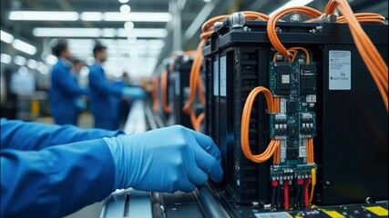 Technician adjusting complex wiring of an electric vehicle battery with precision - Powered by Adobe