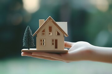 Little house in the hands of a girl. The concept of buying a house.