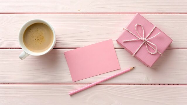 Pink gift box coffee cup blank note and pencil on pink wooden background