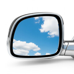 car side mirror reflecting blue sky and clouds