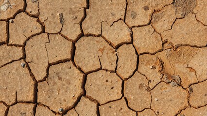 Close up shot of cracked earth surface with a dry and arid texture in a desert environment