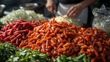 Close up of prepared vegetables with person chopping cabbage in the background in a kitchen setting
