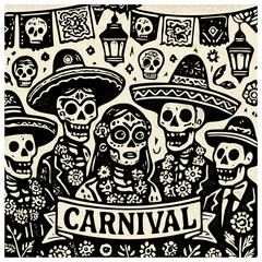 Vibrant Day of the Dead-inspired carnival scene. Vector black and white illustration