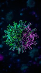 A vibrant rendering of a virus cell with green and purple hues on a dark blurred background