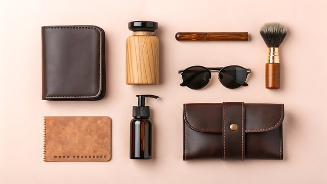 Flat lay of men s grooming and accessories on a pink background