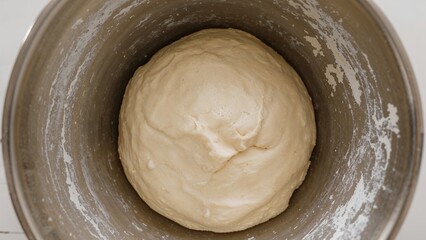 A ball of dough resting inside of a metal bowl ready for baking and making delicious baked goods