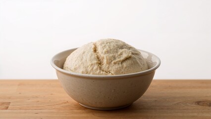 Close up of a bowl filled with a ball of dough sitting on a wooden surface against white backdrop