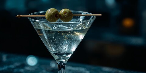 Close up of a martini glass filled with liquid and garnished with two olives on a toothpick stick