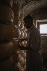 Man inspecting cheese wheels stacked high in a dimly lit aging room near a window with natural light