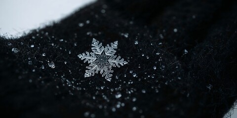 Close up of a snowflake on a dark surface with water droplets in a macro photography shot
