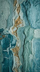 Abstract painting with teal and gold accents showing texture and depth in a vertical format