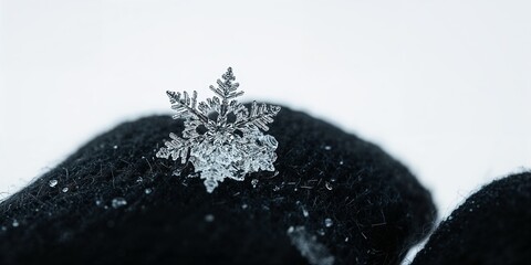 A snowflake resting on a black knitted glove against a bright white background in winter season
