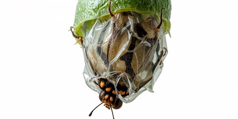 Close up of a butterfly pupa hanging upside down from a green leaf on a white background
