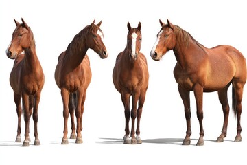 Naklejka premium Brown horses side by side, realistic front-facing stance with subtle marking variations isolated on white background