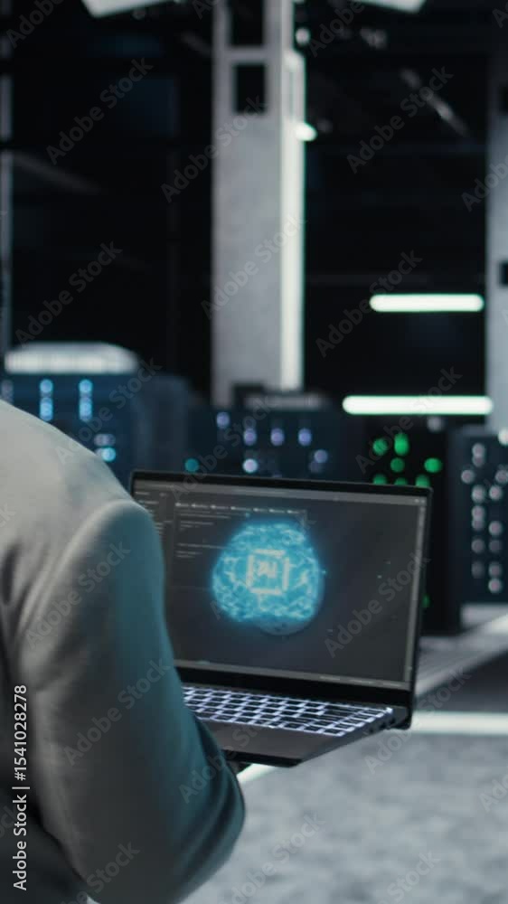 Poster vertical video it expert walking in server hub using laptop to enhance ai model accuracy. data cente