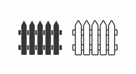This high-quality vector image features two minimalist picket fence icons: a solid dark gray silhouette and a thick dark gray outline, both with four pickets and two rails, all with fine details.