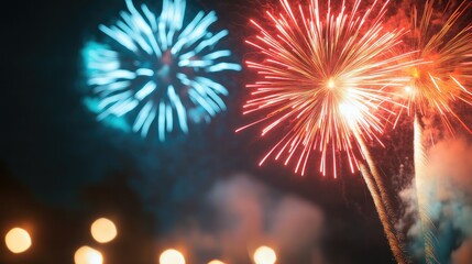 Fireworks exploding in a dark night sky.  Bright colors against a black background