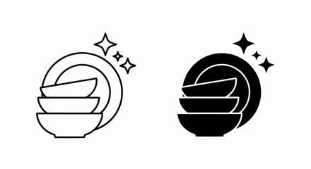 This high-quality vector image features two minimalist icons: a black outlined stack of bowls with a plate and stars, and a solid black silhouette, both with fine details.