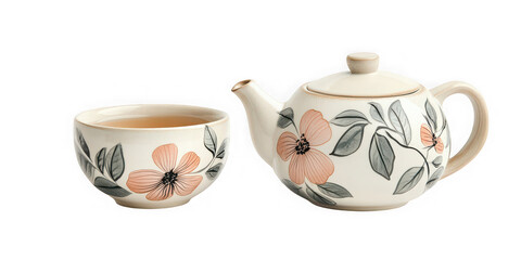 Floral teacup and teapot still life on transparent background