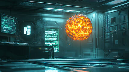 A room with a glowing orange ball in the center