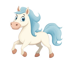 Cheerful cartoon horse with flowing blue mane galloping playfully on transparency background