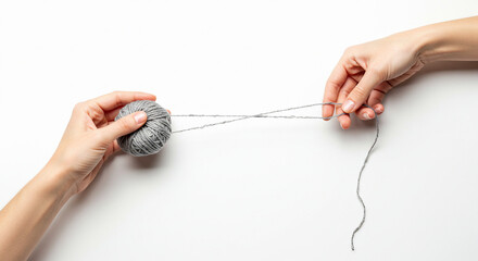 Delicate female hands unwinding a ball of gray yarn for a craft project