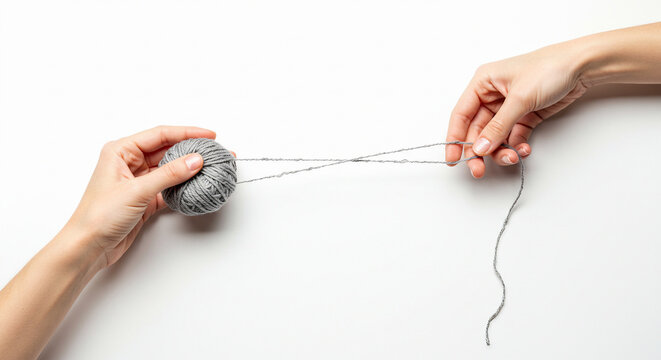 Delicate female hands unwinding a ball of gray yarn for a craft project