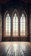 Obraz premium Sunlit Room in an Old Building with Gothic Windows