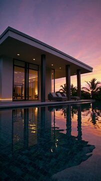 Modern villa at sunset with a low-angle view over a reflective pool, capturing serene luxury. Ideal for a real estate video showcase.