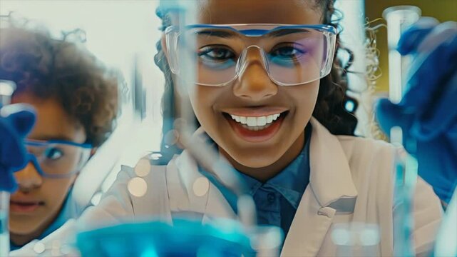A young students in lab coats and safety glasses working