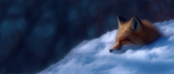 Sleepy fox nestled in snowdrift