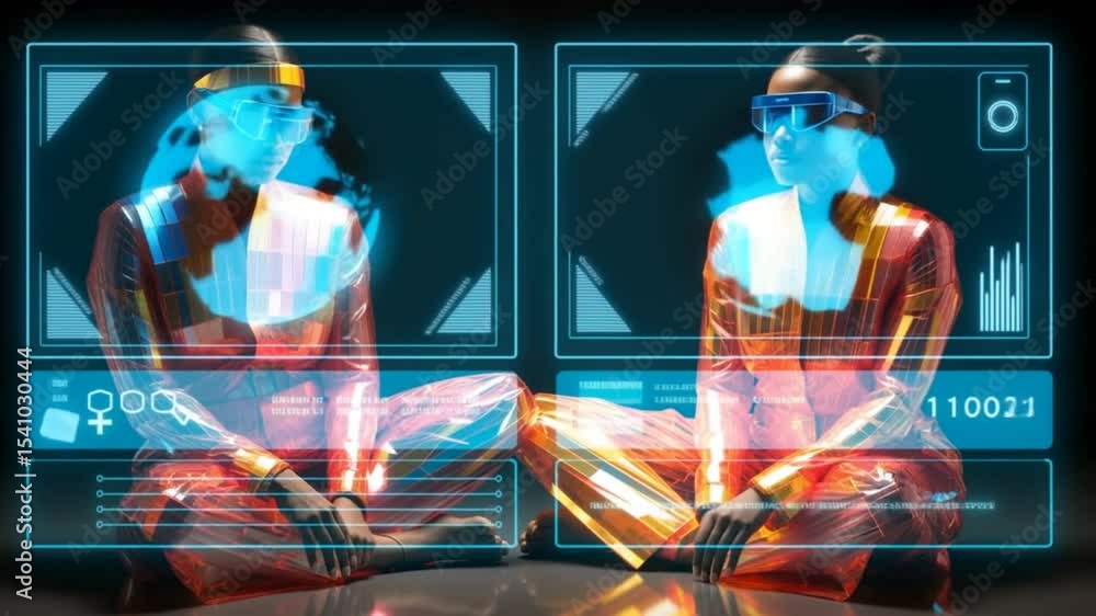 Poster futuristic interaction between two individuals in digital environment generative ai