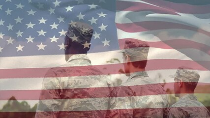 Three soldiers standing on military base, wind lifting flag while rightmost soldier saluting flag - Powered by Adobe