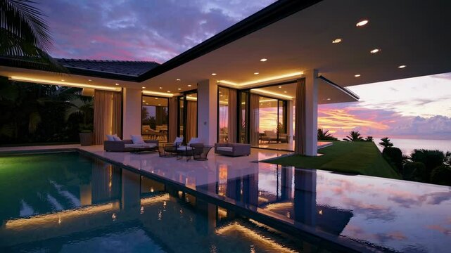 Modern villa at sunset with infinity pool, captured from a low angle. The video showcases sleek architecture and serene ambiance.