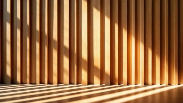 Wood slat panels create warm natural sunlight and shadow patterns on floor and interior, enhancing calm inviting atmosphere with textured wooden floor and vertical panel design
