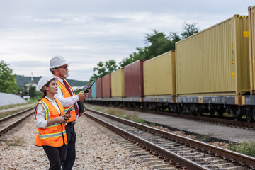 Two engineers wearing safety gear inspect freight containers on a railway track, discussing...