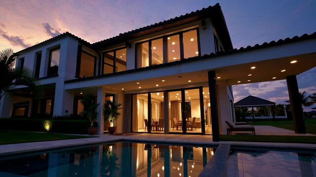 A luxurious modern villa at sunset, captured from a low angle, showcasing its elegant architecture and pool. Ideal for a real estate video.