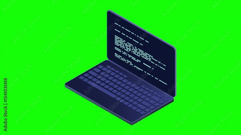 Poster Isometric laptop animation. 3d isometric laptop computer. Abstract programming language and program code on a laptop screen. 4K video animated in isometric style
