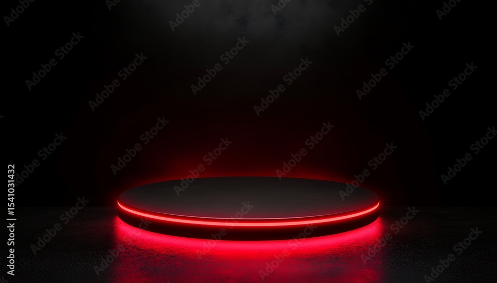 Poster round podium illuminated with red light on dark background. 3d rendering