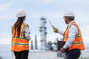 Two engineers in safety vests and helmets discuss operations at an oil refinery site. One holds a walkie-talkie while the other points toward the facility, emphasizing teamwork and coordination.
