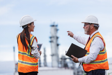 Two engineers in safety vests and helmets discuss operations at an oil refinery site. One holds a walkie-talkie while the other points toward the facility, emphasizing teamwork and coordination.