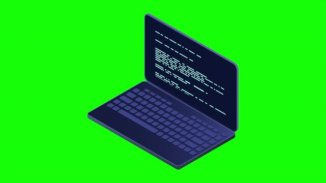 Isometric laptop animation. 3d isometric laptop computer. Abstract programming language and program code on a laptop screen. 4K video animated in isometric style