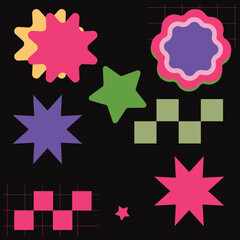 A dark, speckled background with various colorful, abstract geometric shapes including stars, irregular blobs, and checkered patterns